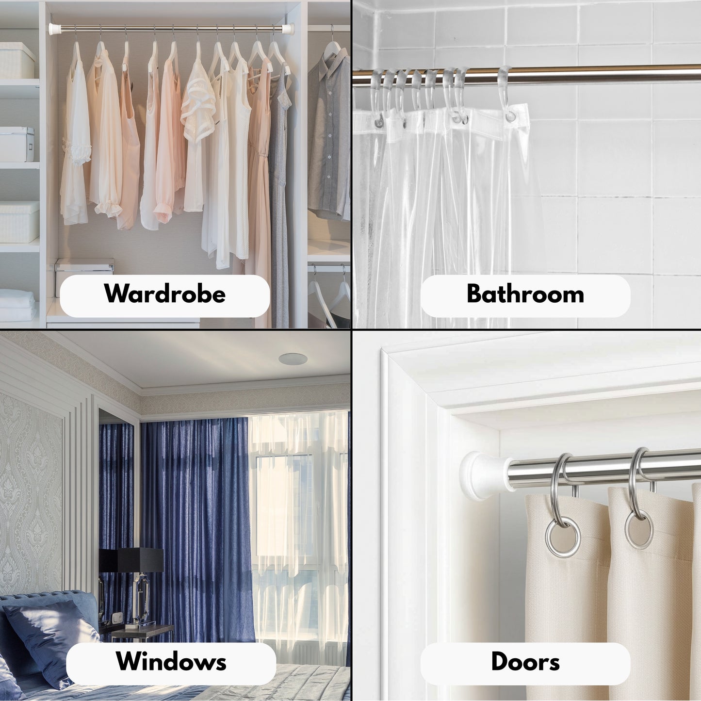 Fablekind Extendable No Drill Shower Curtain Rod – Adjustable Tension Rod (85–140 CM), Stainless Steel, Rust-Proof, Anti-Skid Ends, Easy Installation, No Tools Needed, Multipurpose Use