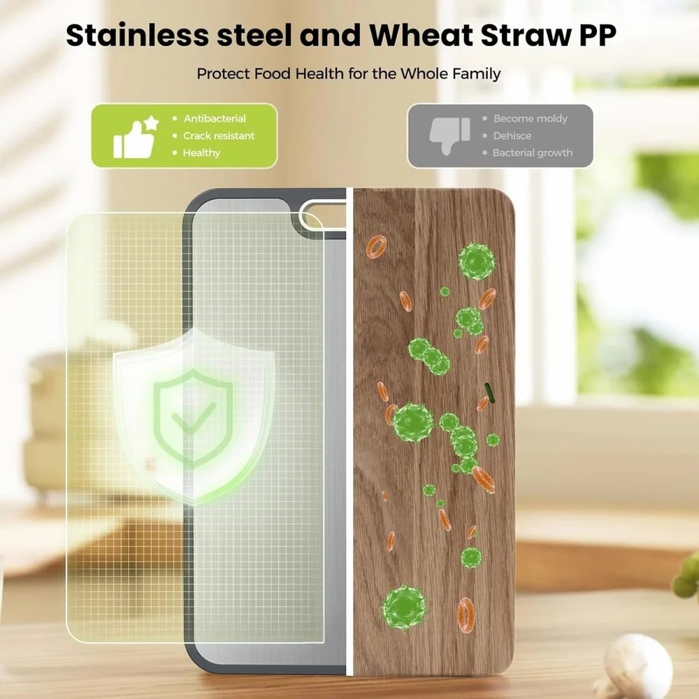 Fablekind Dual-Sided Cutting Board – Titanium Steel & Eco-Friendly PP + Wheat Straw – Heavy-Duty, Knife-Friendly, Non-Slip Chopping Board with Juice Groove & Handle – Meat, Vegetables, Fruit & Charcuterie