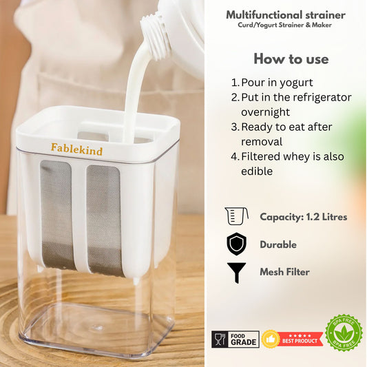 Fablekind - Curd Strainer & Hung Curd Maker – 1100ml Yogurt Filter Strainer Box with Lid | Dahi Strainer, Greek Yogurt & Yoghurt Maker for Home | Cheese, Labneh, Nut Milk Filter