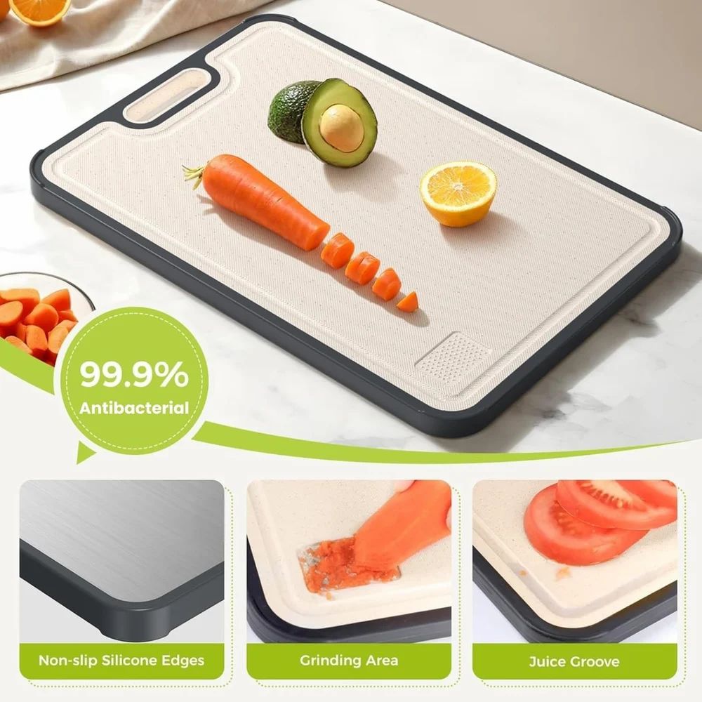 Fablekind Dual-Sided Cutting Board – Titanium Steel & Eco-Friendly PP + Wheat Straw – Heavy-Duty, Knife-Friendly, Non-Slip Chopping Board with Juice Groove & Handle – Meat, Vegetables, Fruit & Charcuterie