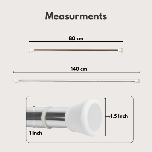 Fablekind Extendable No Drill Shower Curtain Rod – Adjustable Tension Rod (85–140 CM), Stainless Steel, Rust-Proof, Anti-Skid Ends, Easy Installation, No Tools Needed, Multipurpose Use